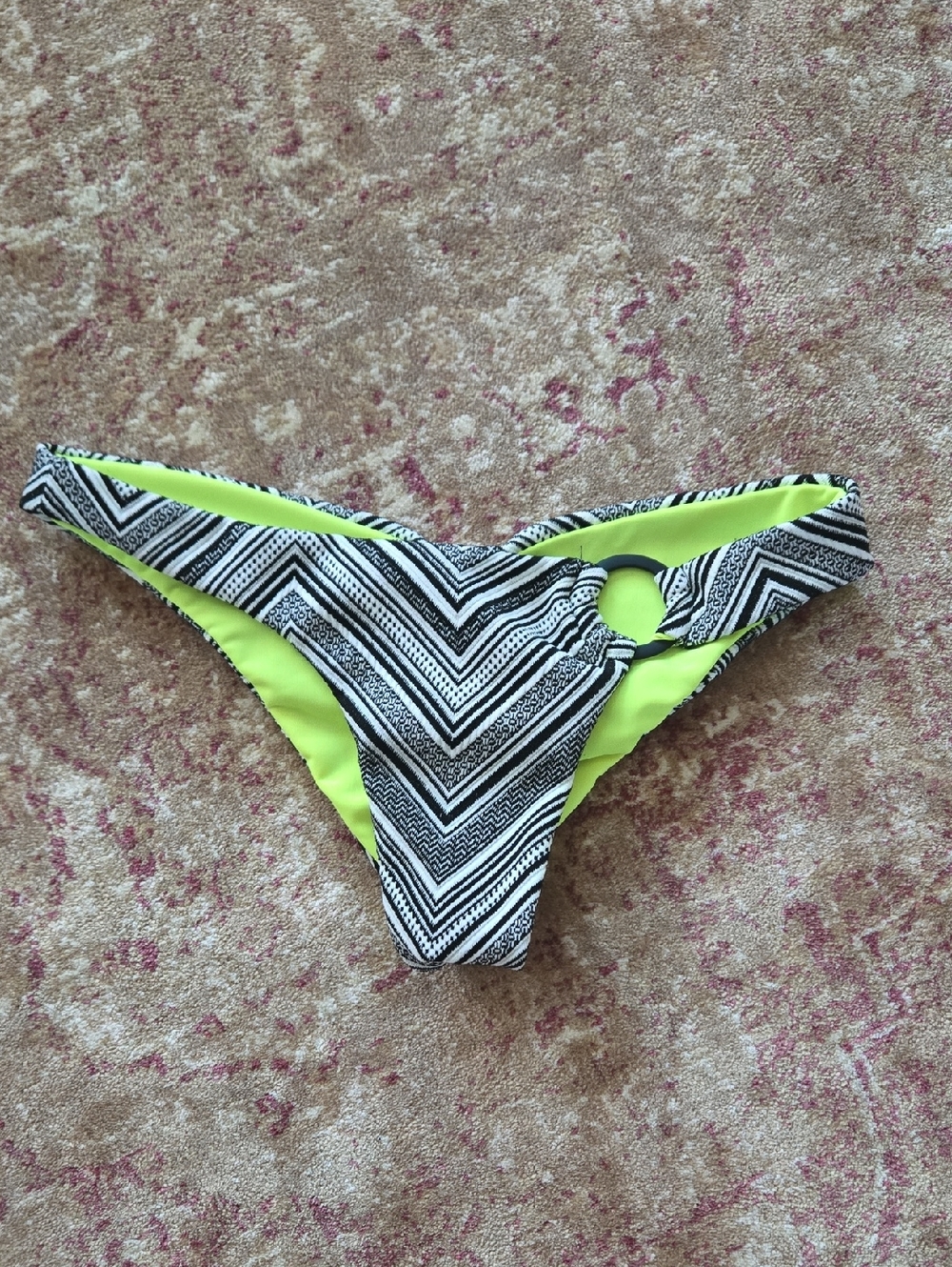 Beach Bunny Neon Yellow & Black Chevron Bikini Bottom with Ring Accent